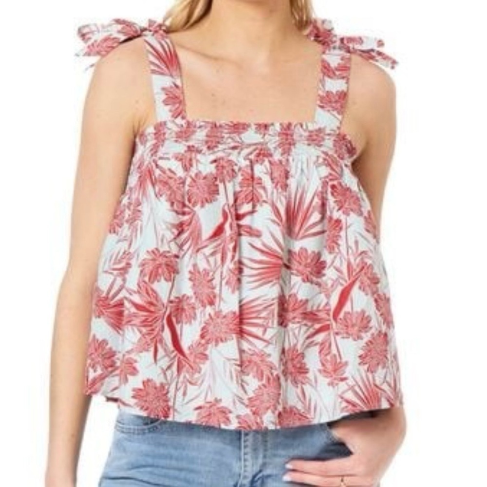 C&C California Women's Floral Smocked Tie Strap Peasant Top Mint Blue Red Sz M